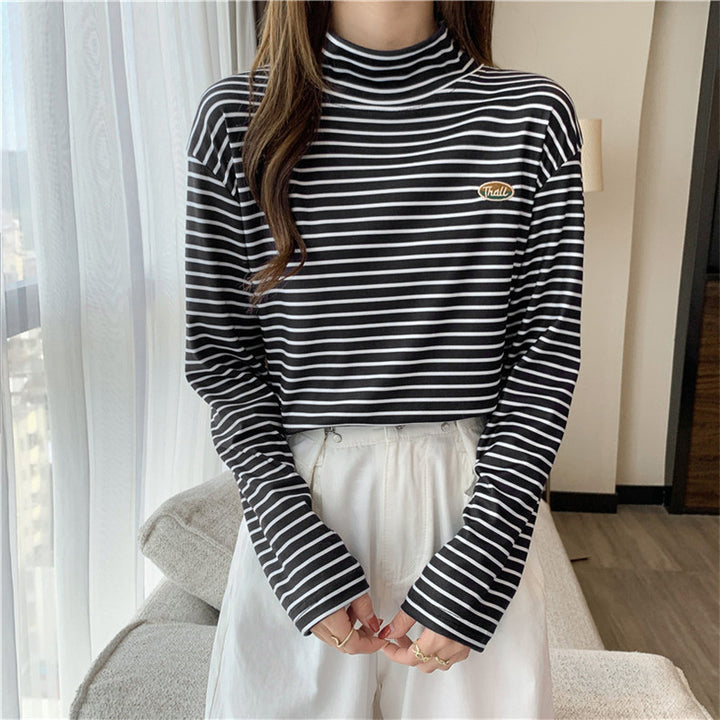Femme Stribet Langærmet Mock-Neck-Top Stilla