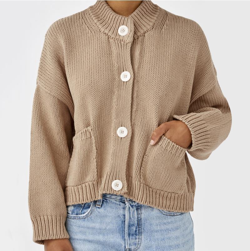 Dame Oversize Strikjakke med Ståkrave og Store Knapper Stilla