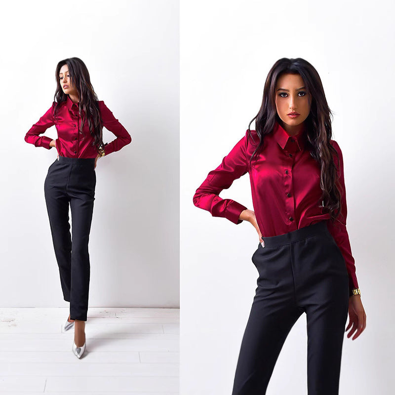 Dame elegant Satin-bluse med skræddersyet pasform og klassisk krave Stilla