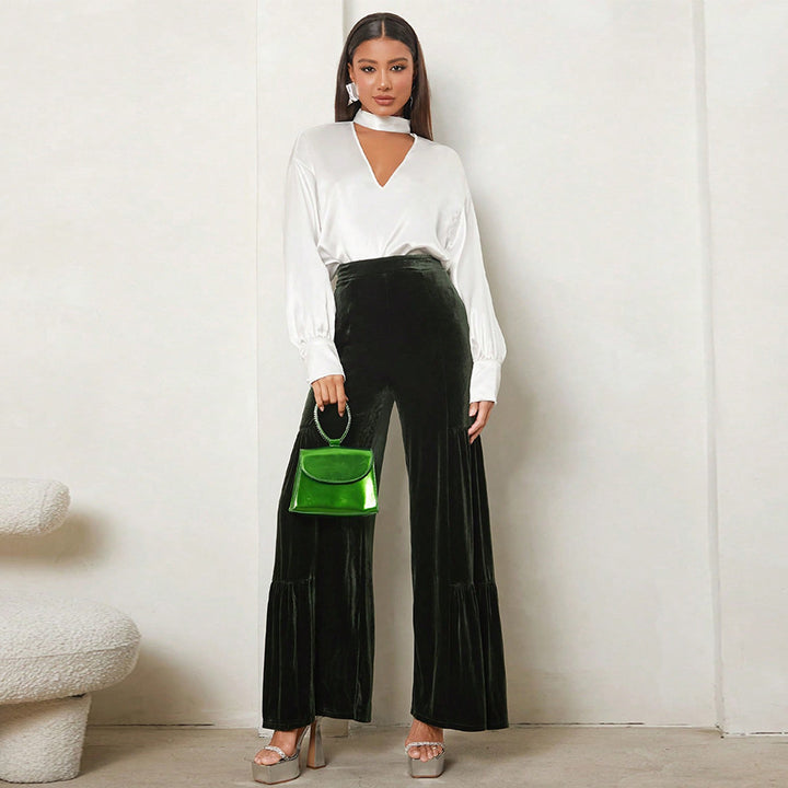 Dame Bred Velour Bukser med Volant Detaljer Stilla