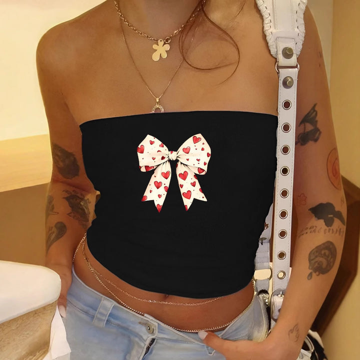 Dame Bandeau-top med romantisk hjerte-design og sløjfe-tryk Skovae