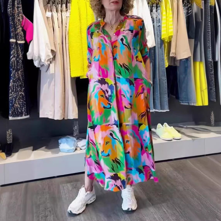Dame Fritid Maxikjole med farverigt løve-design og praktiske lommer Stilla