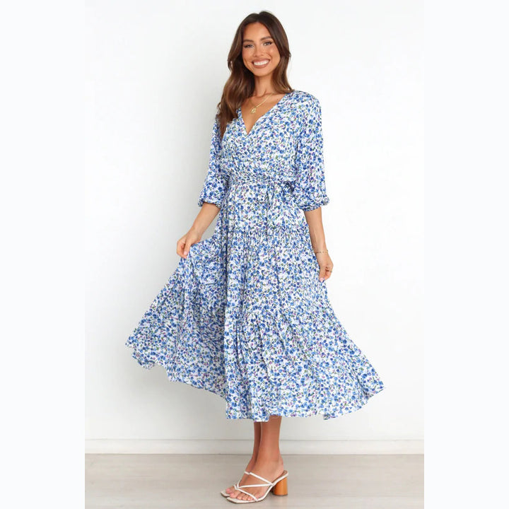 Women's Summer Maxi Dress with Open Décolleté and Floral Pattern Skovae
