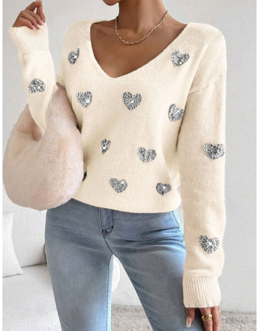 Dame oversized sweater med dyb V-hals og hjerte motiv Stilla