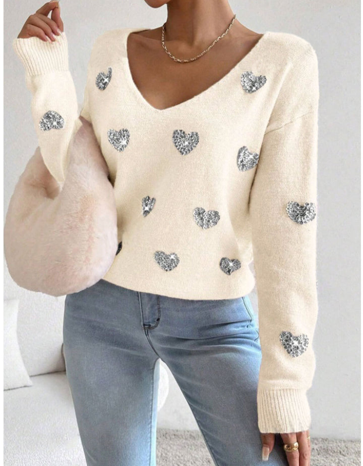 Dame oversized sweater med dyb V-hals og hjerte motiv Stilla