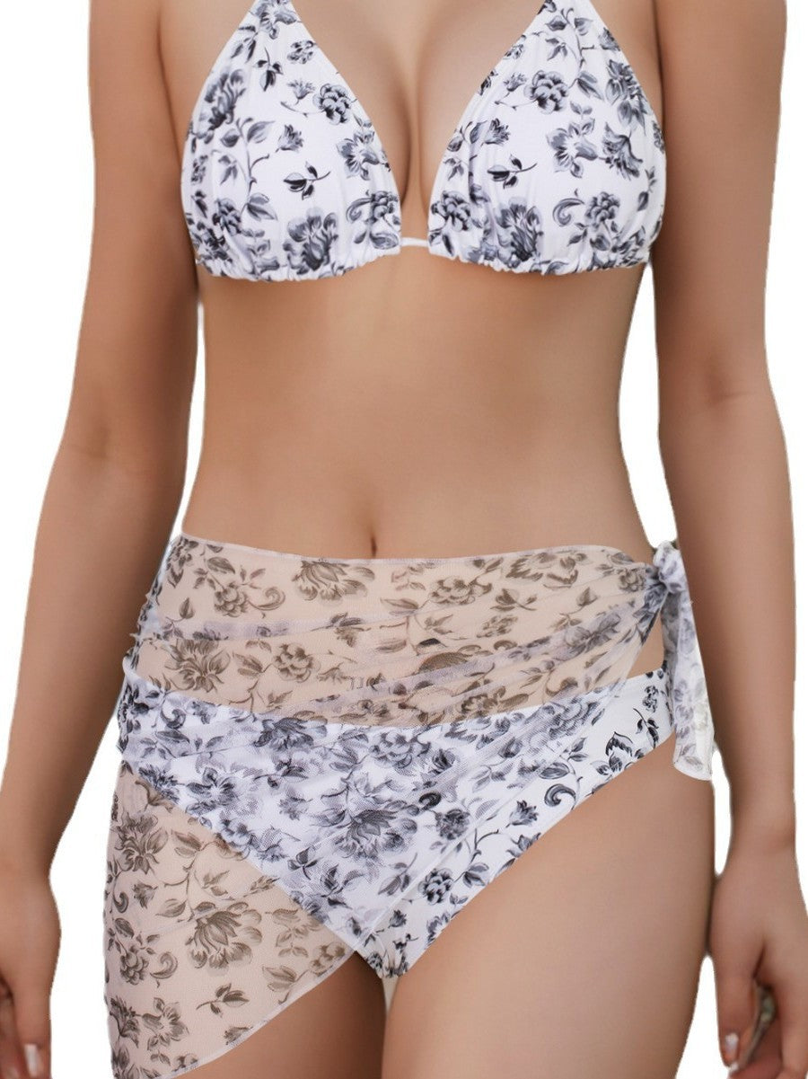 Dame Floral Print Tie-Side Bikini Sæt med gennemsigtigt Wrap-Top Stilla