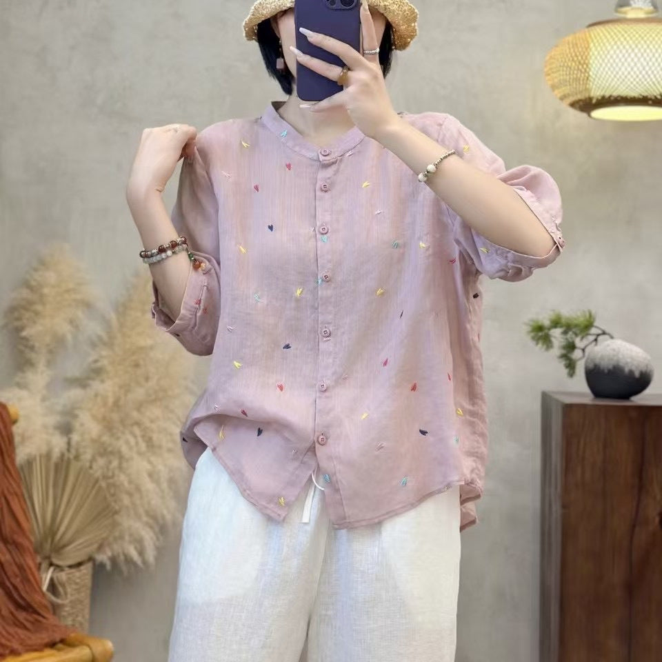 Dame Fritid Let Broderet Button-Up Skjorte Stilla