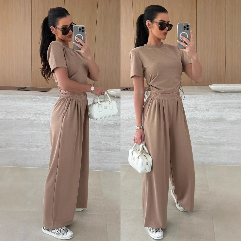 Dame Casual Cropped Top og Vidbenede Bukser Sæt Stilla