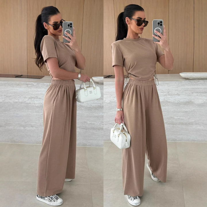 Dame Casual Cropped Top og Vidbenede Bukser Sæt Stilla