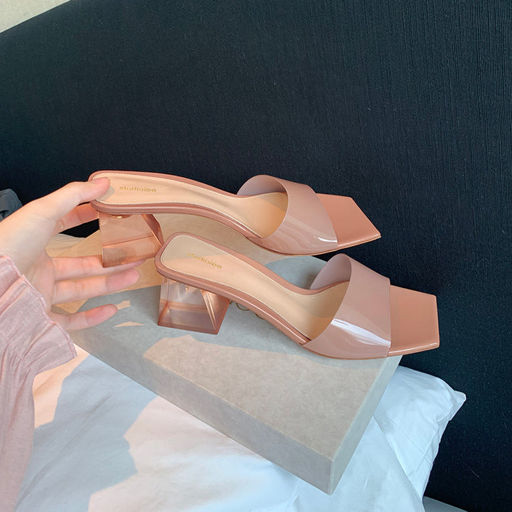 Dame Elegant Åben Tå Slide Mules med Blokhæl Stilla