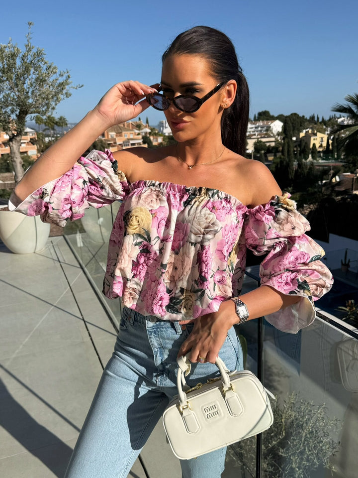 Dame Off-Shoulder Bluse med voluminøse ærmer og blomstret mønster Stilla