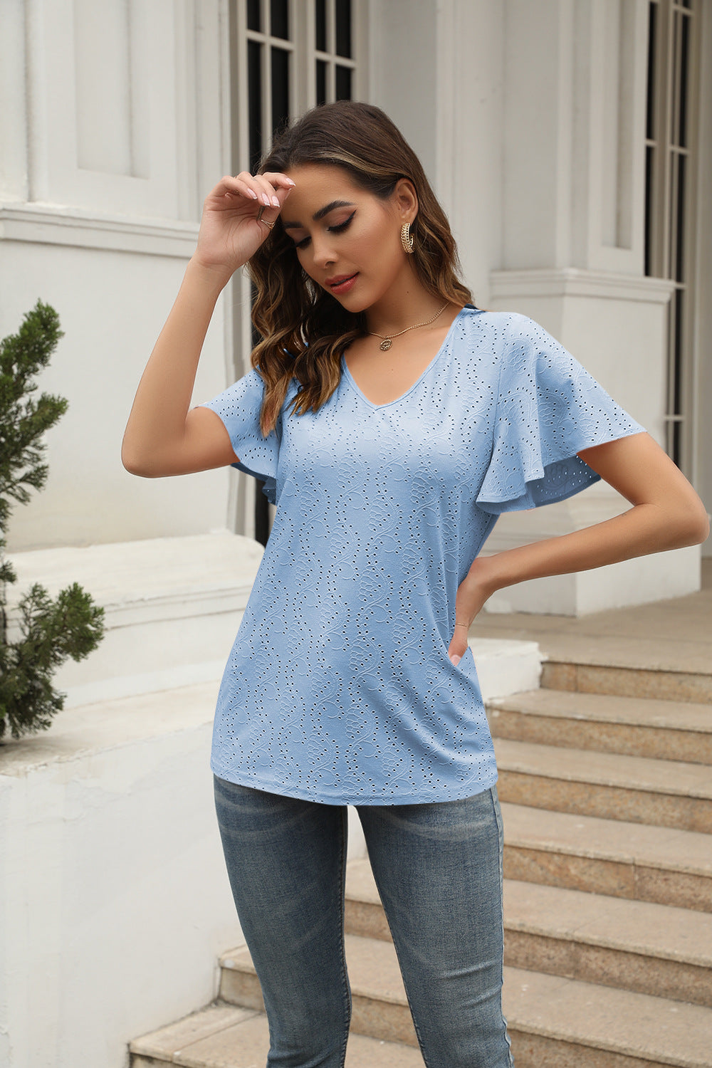 Dame stilfuld bluse med sommerfugleærmer Skovae