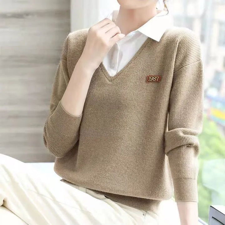 Kvinders elegante V-hals sweater med skjortekrave Stilla