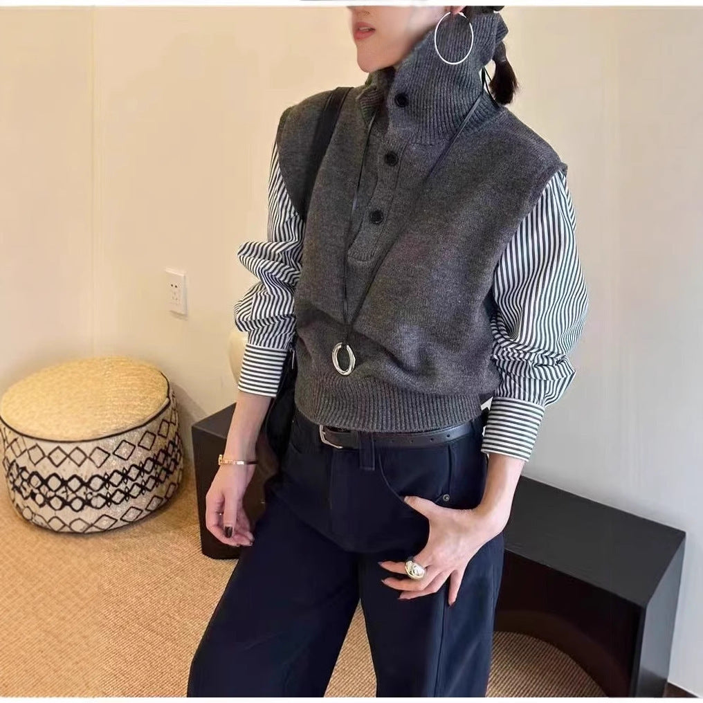 Dame moderigtig turtleneck sweater vest med skjorteærmer og knapdetaljer Stilla