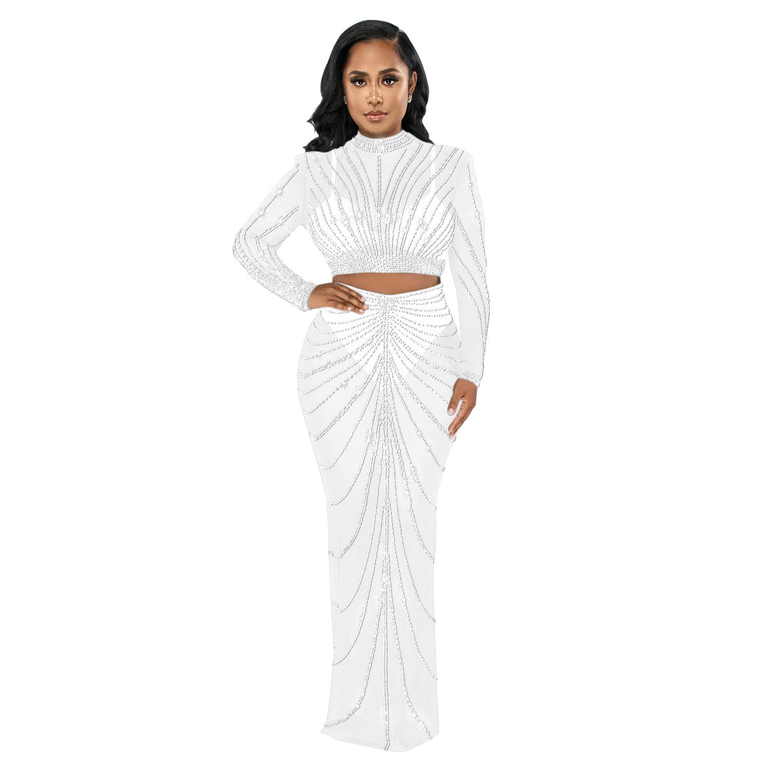Dame Elegant Crop-Top og Maxi-Nederdel Sæt med glitrende Strass-dekorationer Stilla