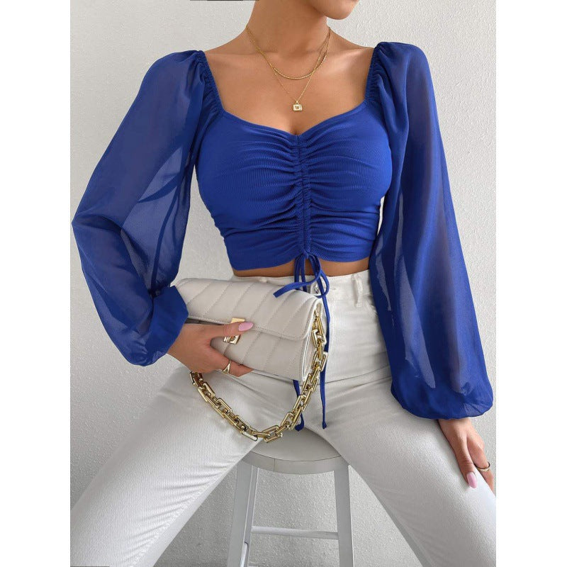 Dame Elegant Crop-top med puffede ærmer og snøremuligheder Stilla