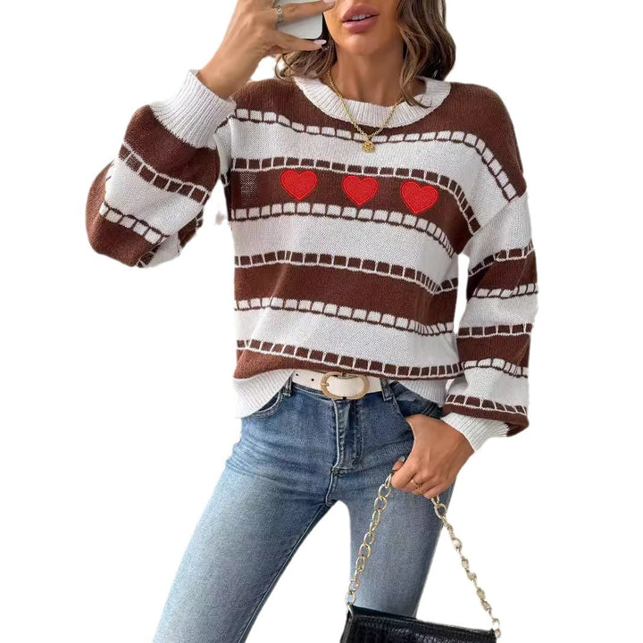 Dame afslappet pullover med hjerte mønster og brede ærmer Stilla