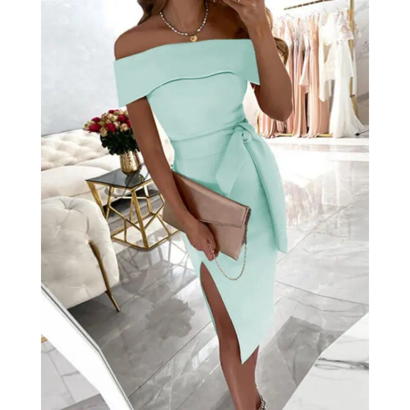 Dame Elegant Off-Shoulder Midi Kjole med Bindebælte Stilla