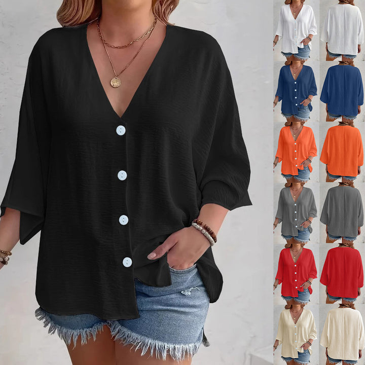 Dame Viskose Oversize-Bluse med V-udskæring og knapdetaljer Stilla