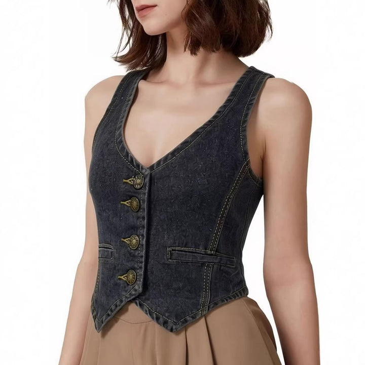 Dame Denim Bustier-top med knapdetaljer og forlænget silhuet Skovae