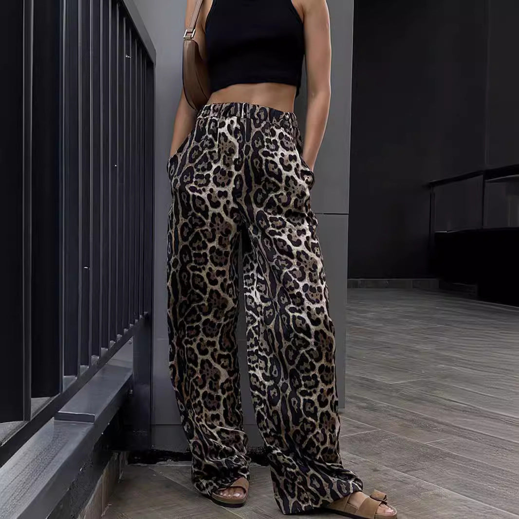 Dame brede leopard-print bukser med elastisk bånd og sidelommer Stilla
