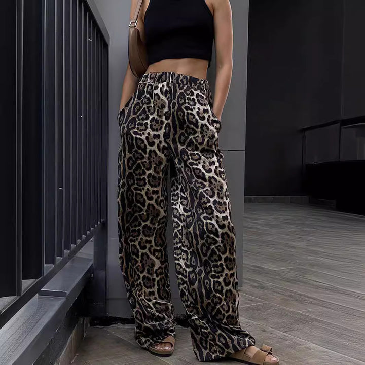 Dame brede leopard-print bukser med elastisk bånd og sidelommer Stilla