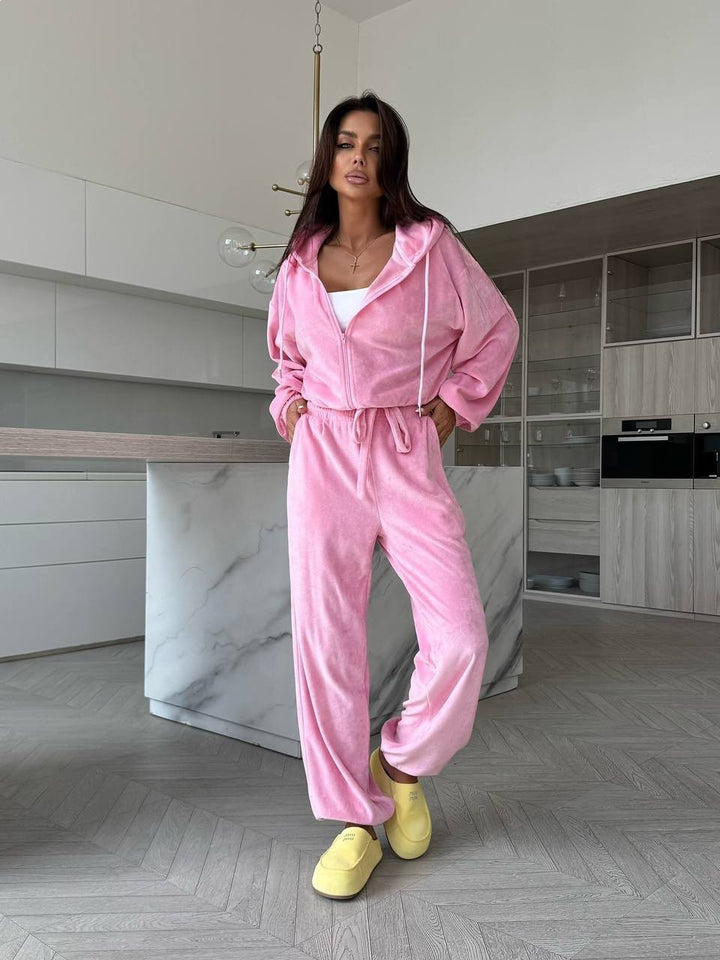 Kvinders hyggelige fleece loungewear sæt med praktisk hætte og elastisk taljebundet