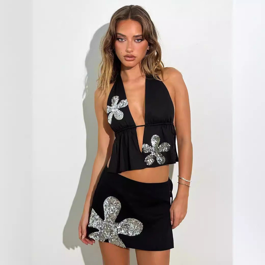Dame Glitrende Crop-Top med matchende Nederdel Stilla