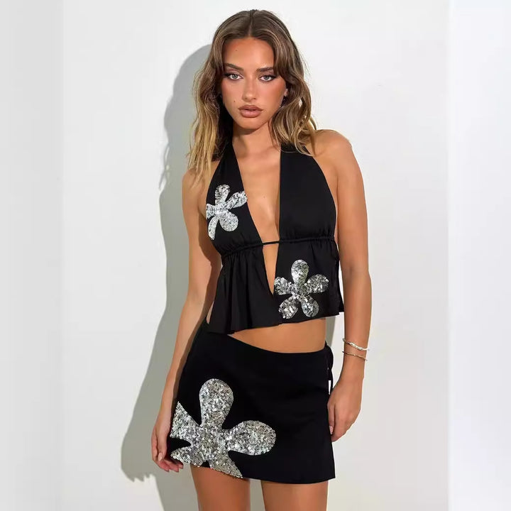 Dame Glitrende Crop-Top med matchende Nederdel Stilla