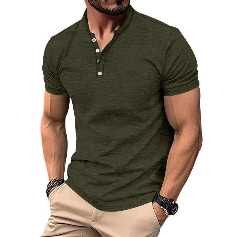 Herre kortærmet Henley T-shirt med dekorative knapdetaljer og glat overflade Stilla