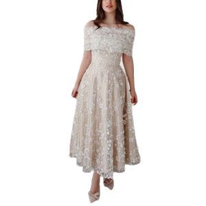 Kvinders elegante midi kjole med broderet blonde top og flagrende nederdel