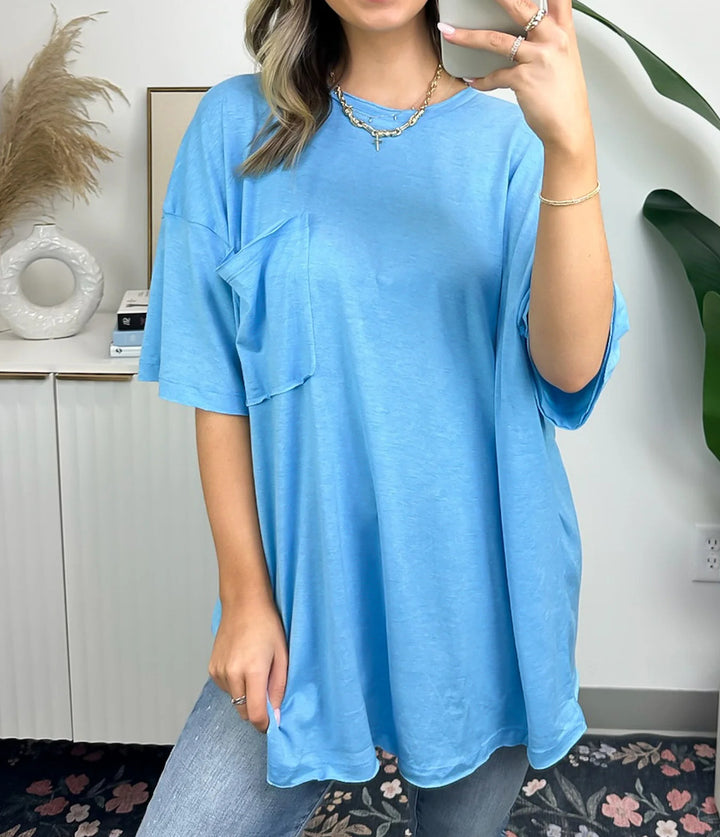 Dame behagelig oversized T-shirt med brystlomme i let stof Stilla