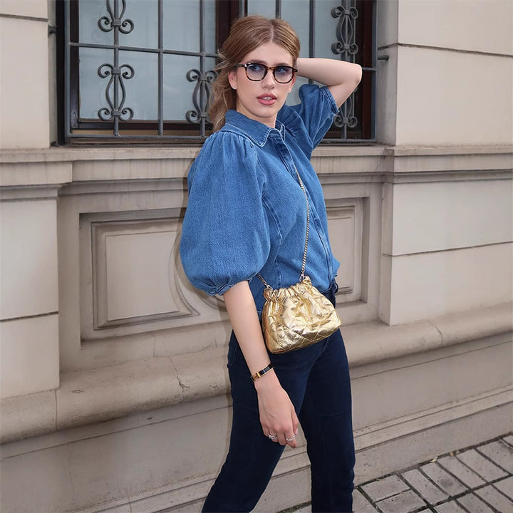 Dame Denim-bluse med voluminøse puffærmer Stilla