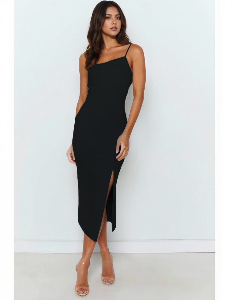 Dame Elegant midi kjole med asymmetrisk kant og slids Skovae