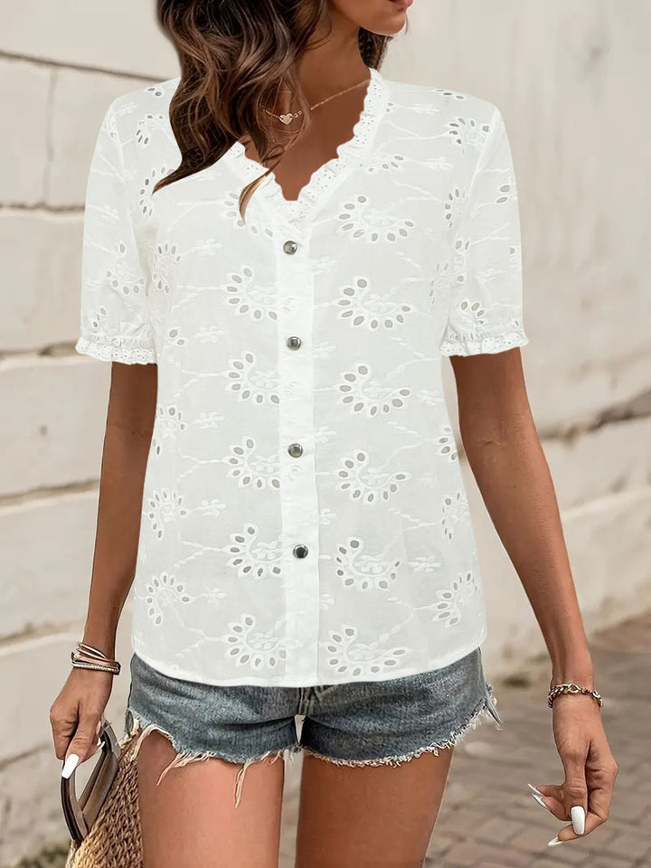 Dame luftig bluse top med elegant hulbroderi Stilla