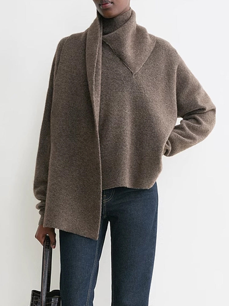 Dame elegant strikpullover med smart krave og integreret tørklæde Stilla