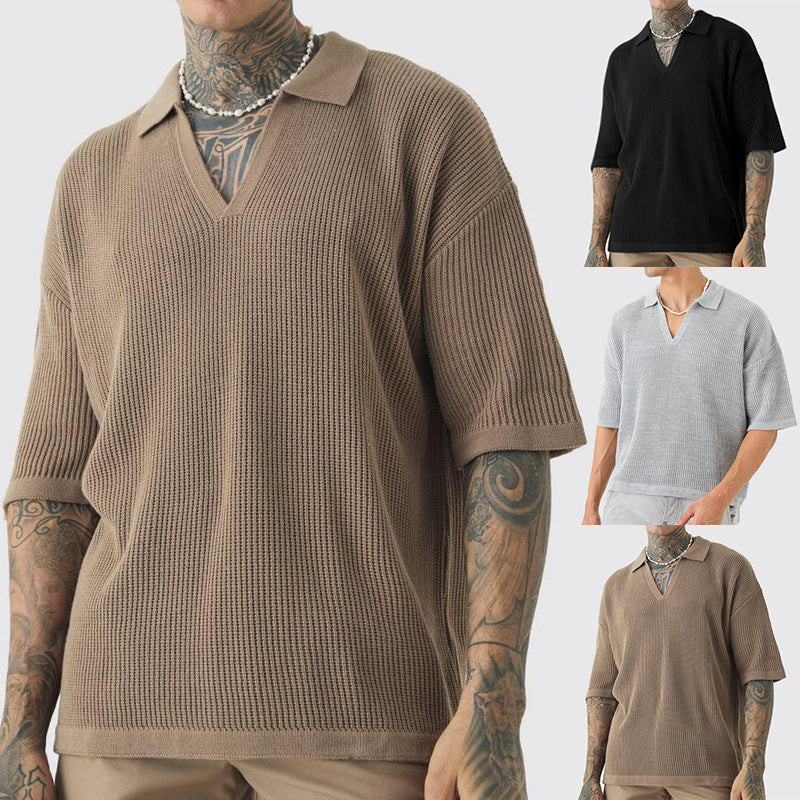Herrer afslappet strik-T-shirt med V-hals og polo krave Stilla