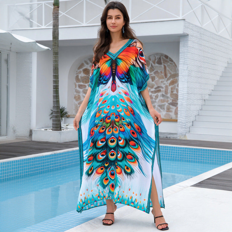Dame Kaftan med farverigt påfuglmotivet og brede ærmer Stilla