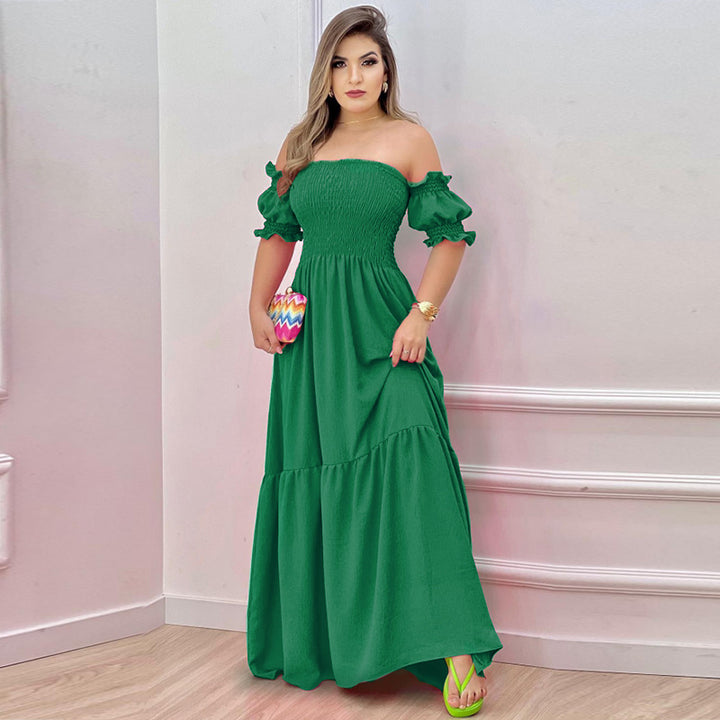 Dame Off-Shoulder Maxikjole med voluminøse pufærmer og nostalgisk rynkning Stilla