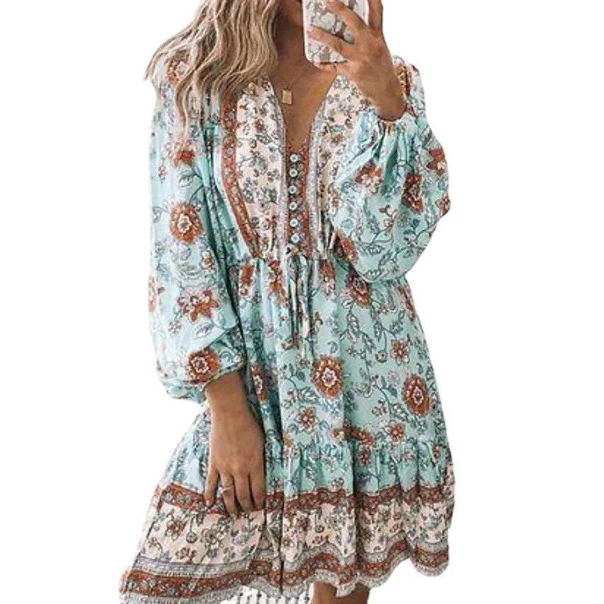 Dame Boho-inspireret fritidskjole med ballonærmer og knapdetalje Stilla