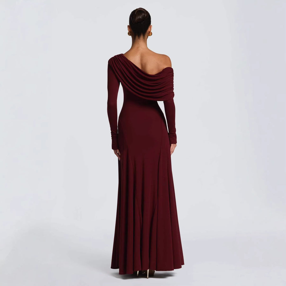 Kvinder elegante maxi kjoler med lange ærmer og asymmetrisk drapering Skovae