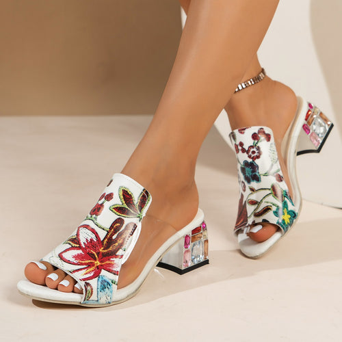 Dame Riemchen-Mules med blomsterdesign og komfortabel blokhæl Stilla