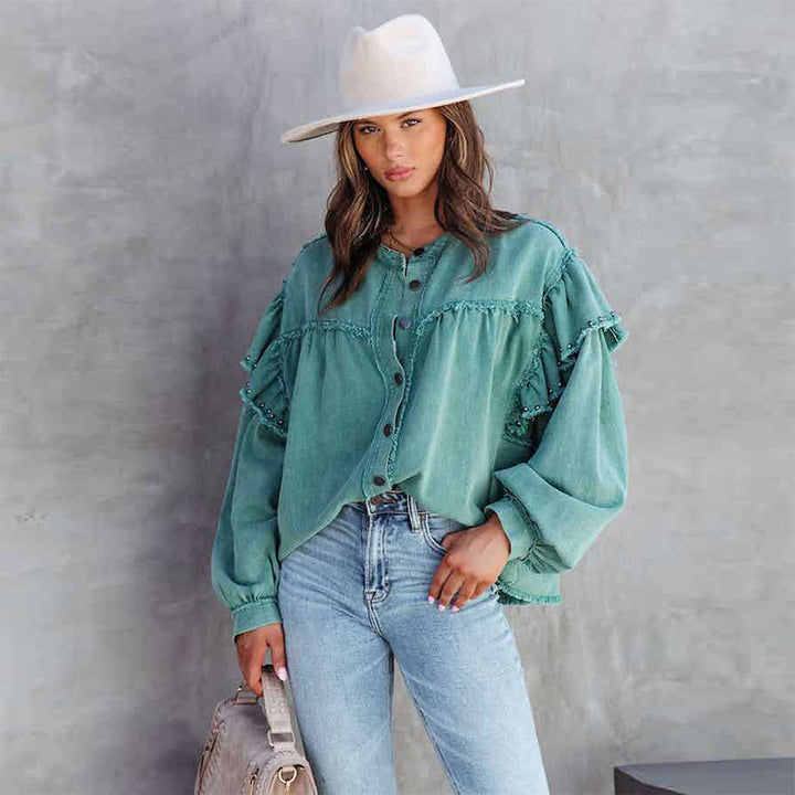 Dame afslappet jeans skjorte bluse Stilla