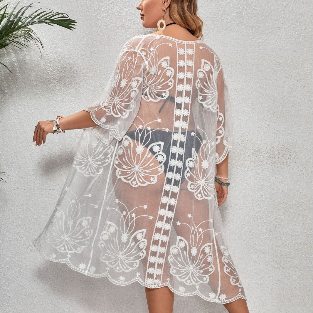 Dame Gennemsigtig Strandkimono med blomsterbroderi detalje Stilla