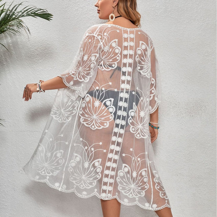 Dame Gennemsigtig Strandkimono med blomsterbroderi detalje Stilla