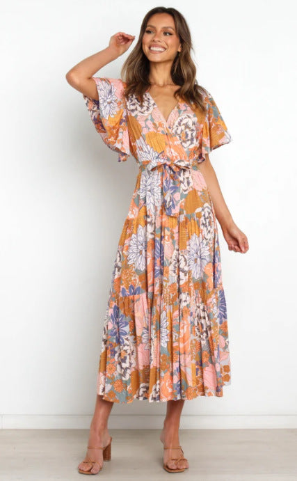 Dame Floral Rynket Holding Maxi Kjole Stilla