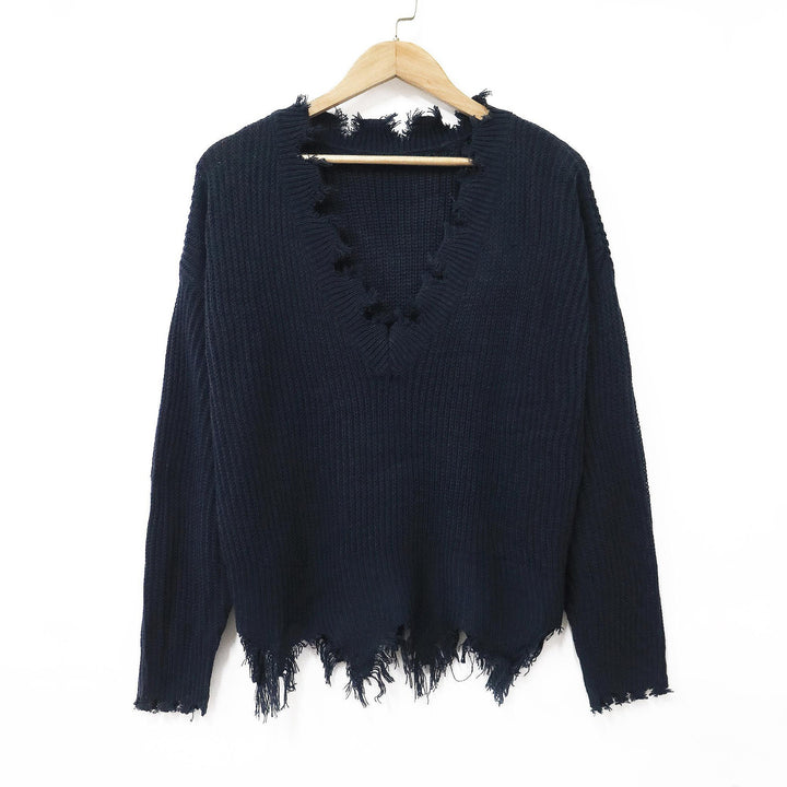 Dame afslappet V-udskæring sweater med frynset detalje Stilla
