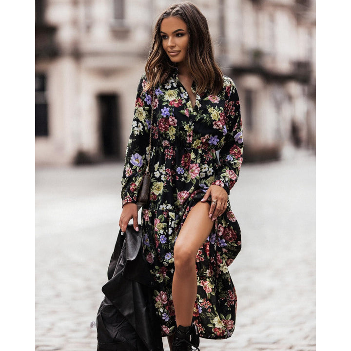 Dame Floral Print Maxi Kjole med høj slids Stilla