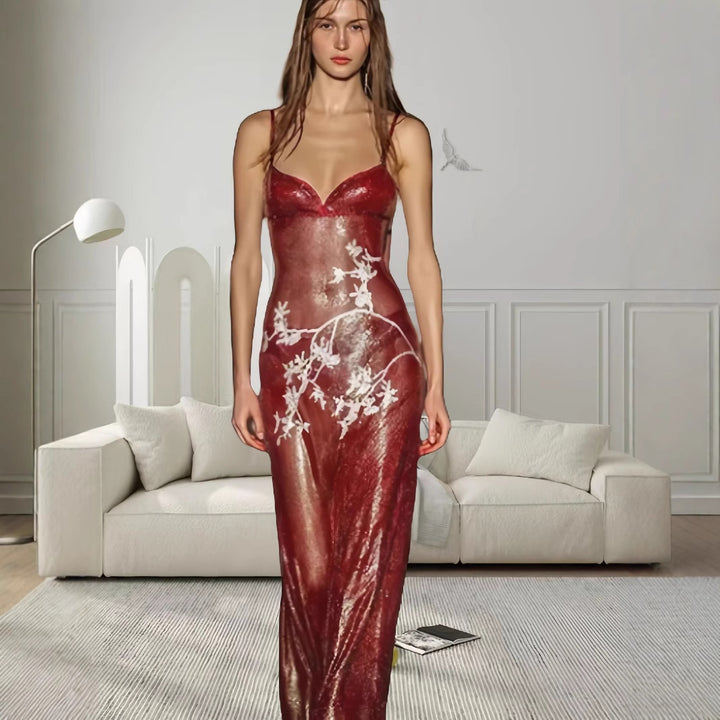 Kvindernes elegante V-hals aftenkjole med blomst broderi og slim fit Skovae