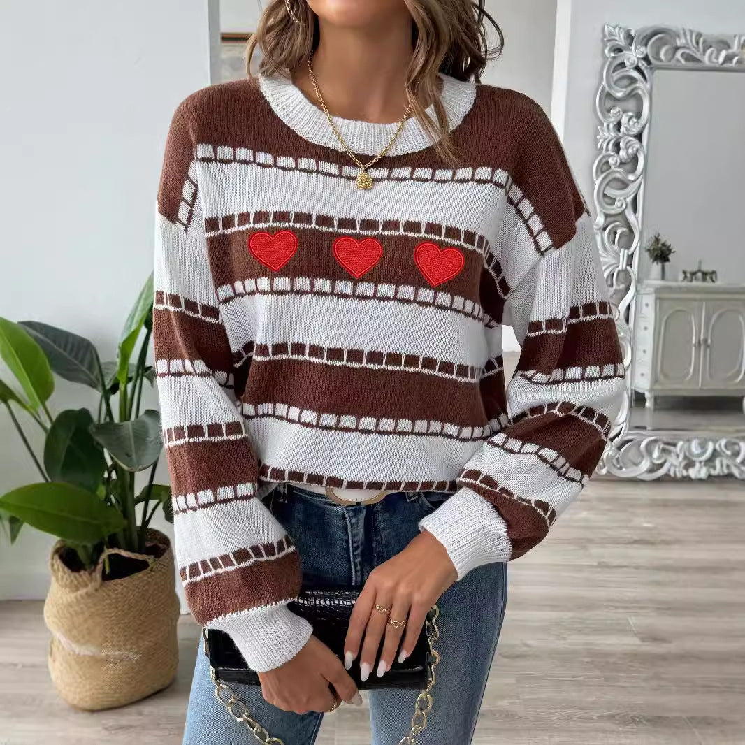 Dame afslappet pullover med hjerte mønster og brede ærmer Stilla